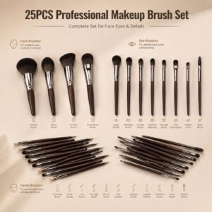 25Pcs Professional Makeup Brush Set — Wooden Handle with Gunmetal Ferrule, Full-Face Professional Kit (Dark Brown / Gunmetal)