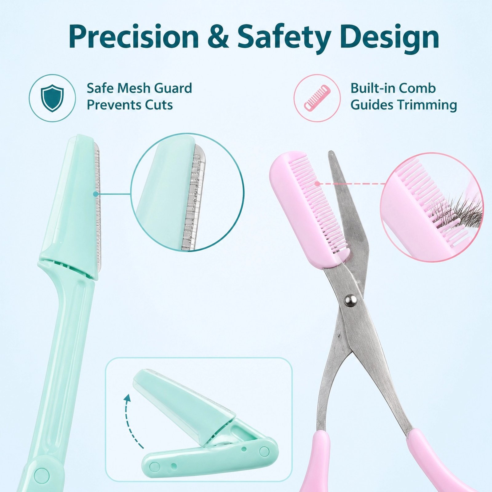 Foldable Eyebrow Razor with Eyebrow Scissors Comb Set — Safe Folding Design, Precision Blade, 2-in-1 Grooming Kit (Green) - Image 2