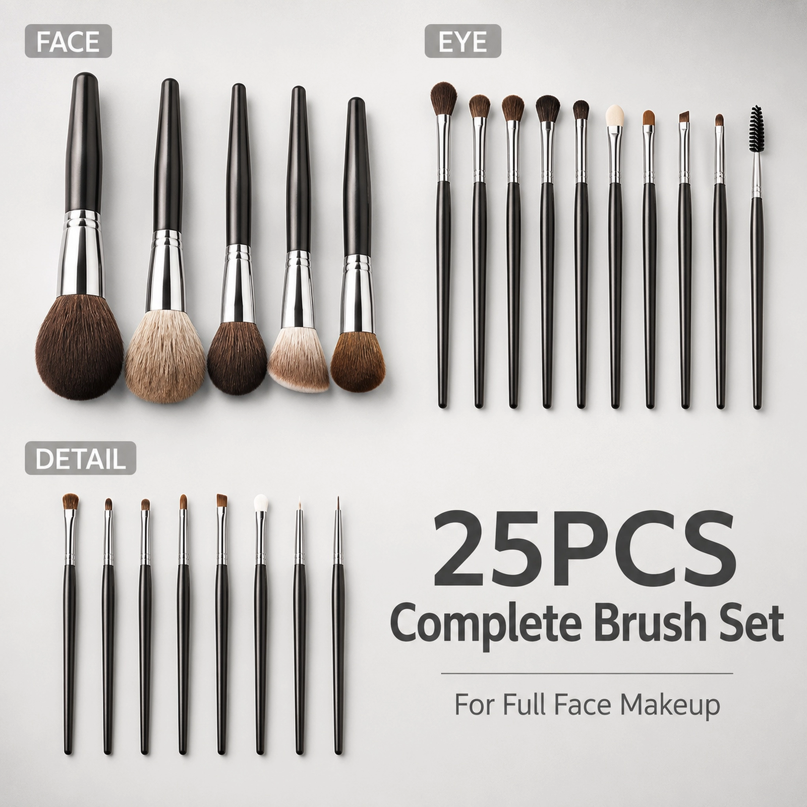Professional Makeup Brush Set 25pcs — Full-Face Coverage Kit, Soft Bristles, Black Lacquered Handle with Silver Ferrule - Image 2