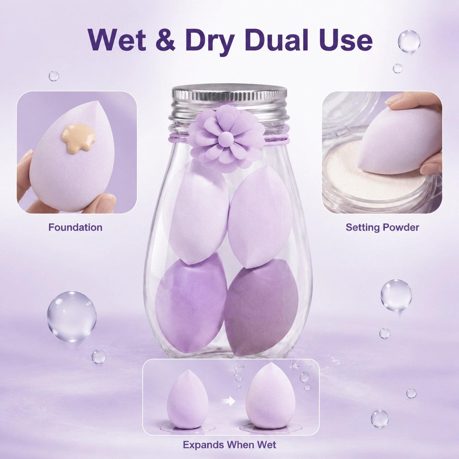 Macaron Makeup Sponge Set 4pcs with Storage Bottle — Soft & Non-Absorbent, Wet & Dry Use, Multi-Angle Design - Image 5