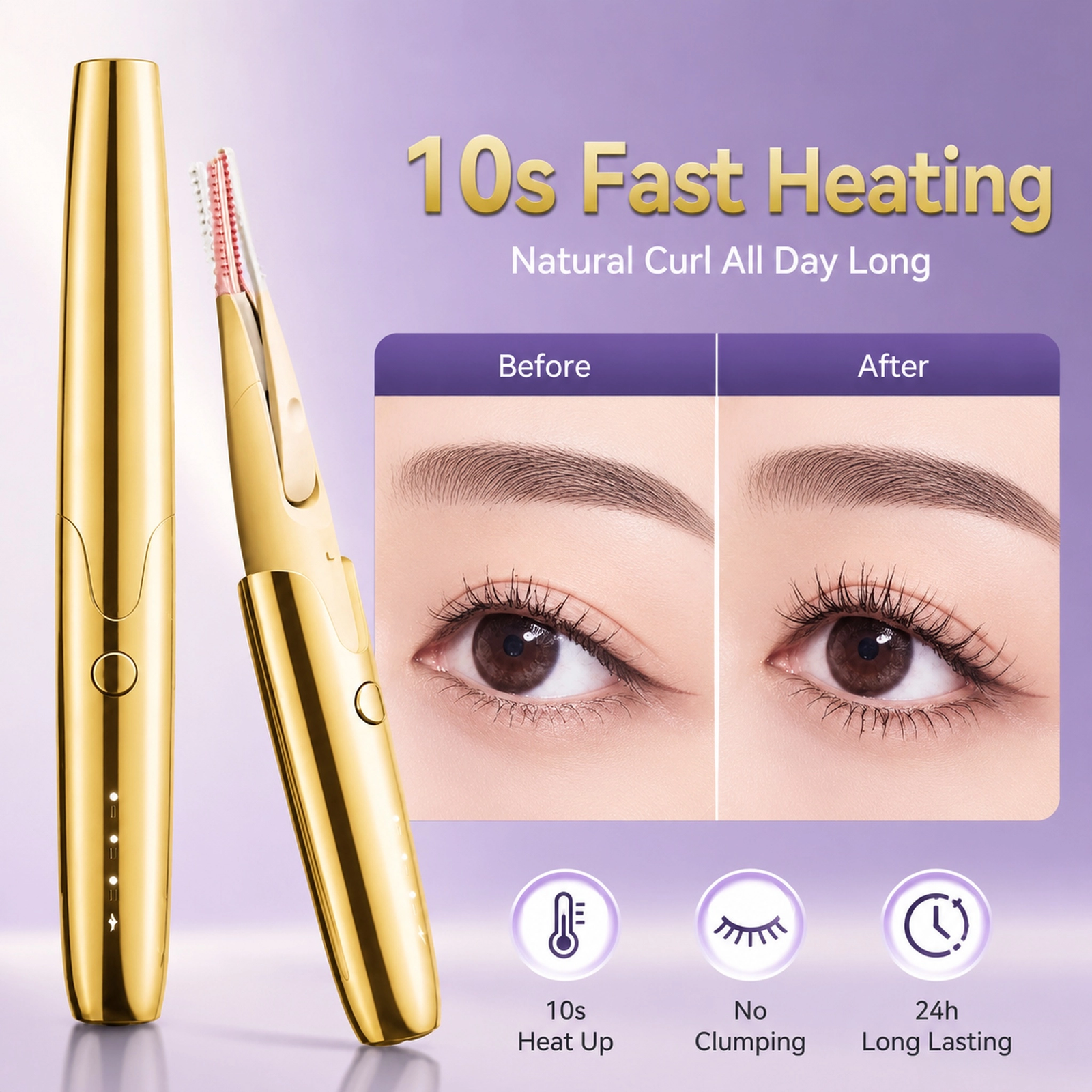 Portable Gold-Plated Electric Eyelash Curler — 10-Second Quick Heat, Comb-Integrated Design, Long-Lasting Curl - Image 4