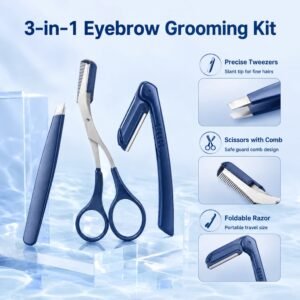 Blue Stainless Steel Eyebrow Grooming Set 3pcs — Razor, Scissors with Comb & Precision Tweezer, Foldable Design (Blue)