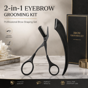 Black Safety Micro-Guard Eyebrow Grooming Set — Stainless Steel Razor & Scissors with Comb, Beginner-Friendly