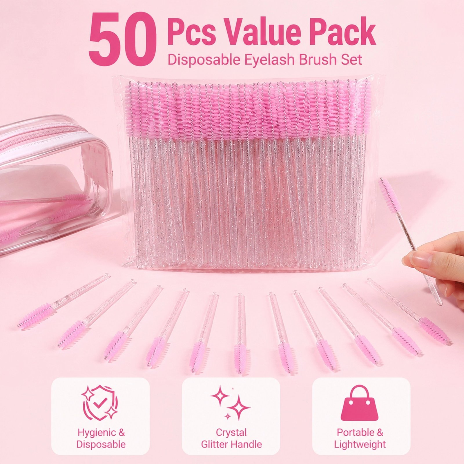 Glitter Handle Disposable Eyelash Mascara Wands — Soft Nylon Bristles, Multi-Use for Lashes & Brows (50Pcs Value Pack) - Image 2