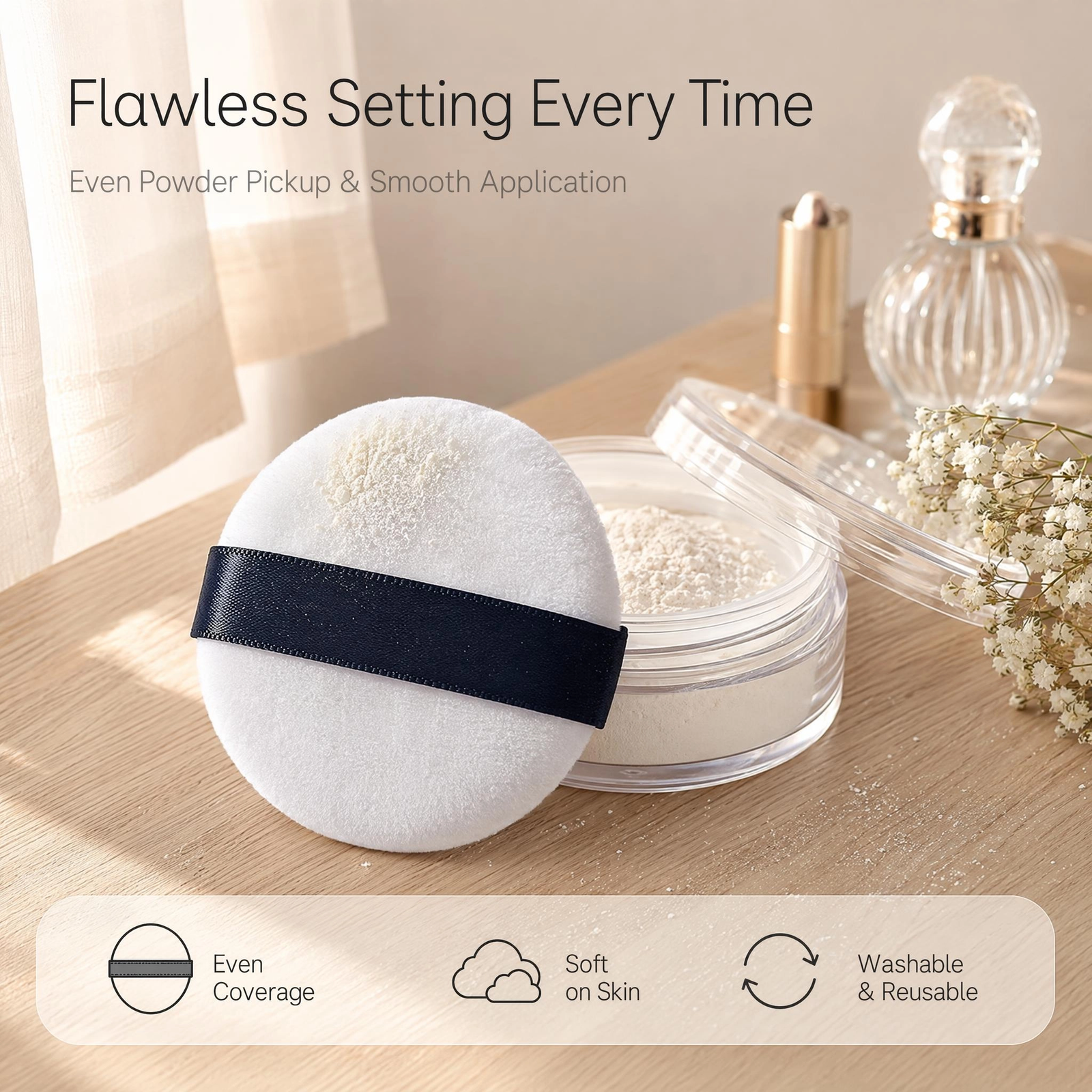 Velvet Powder Puff — Ultra-Soft Velvet Surface, Even Streak-Free Setting, Washable & Reusable