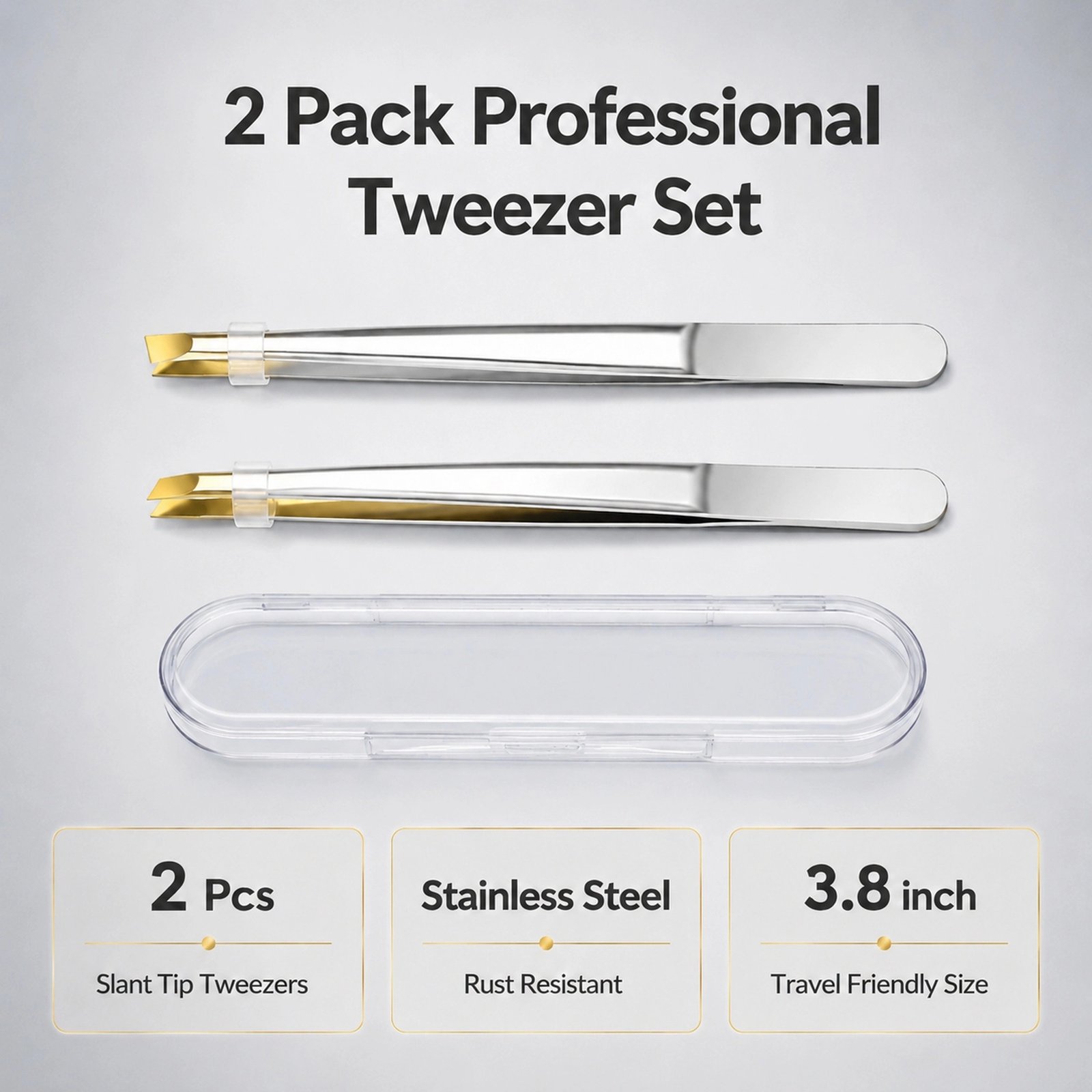 Slant Tip Tweezers Set 2pcs — Precision Stainless Steel with Gold-Tipped Grips, Durable & Rust-Resistant - Image 6