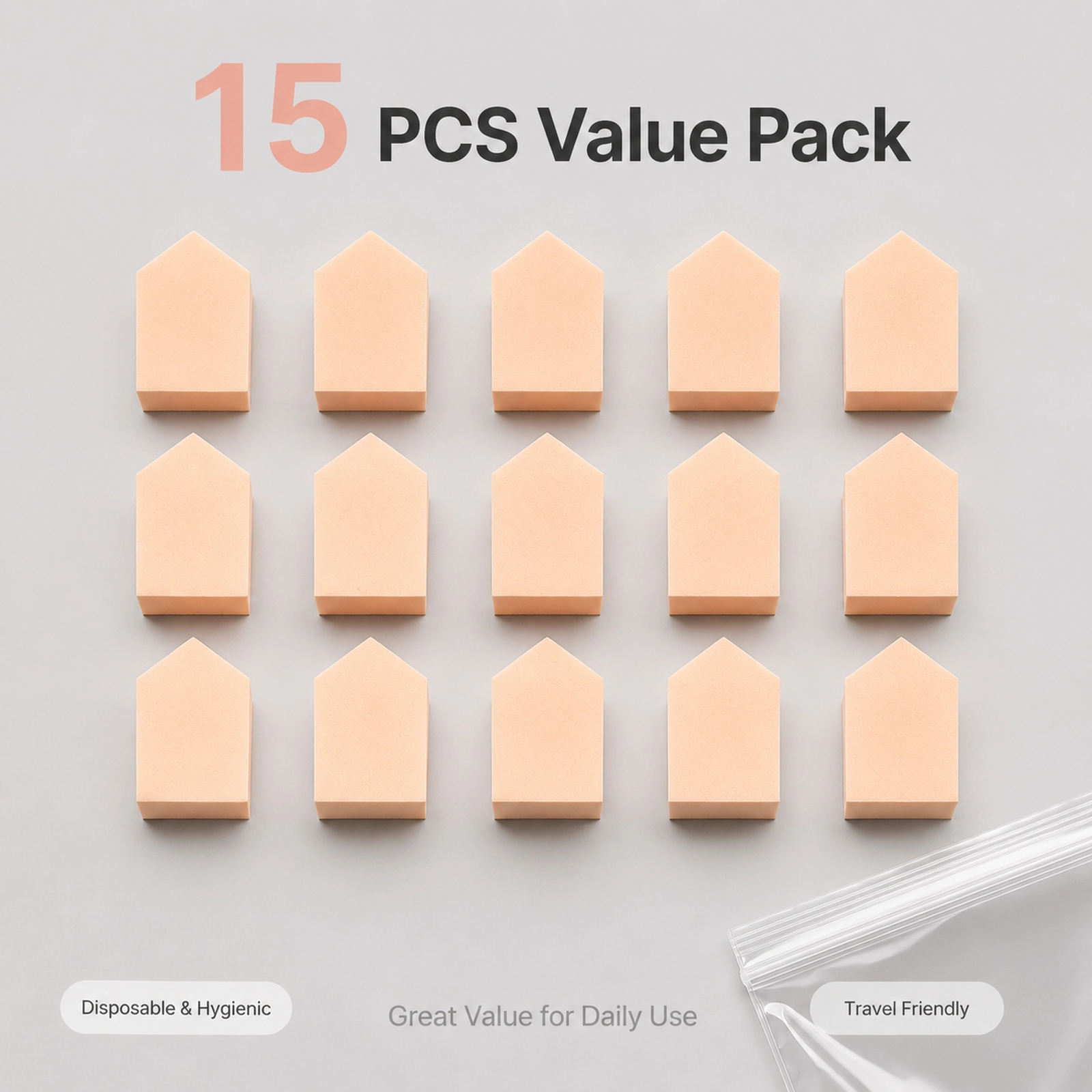 Multi-Angle Makeup Sponge Set 15pcs — Wet & Dry Use, Non-Absorbent, Flawless Application (Skin Tone) - Image 3