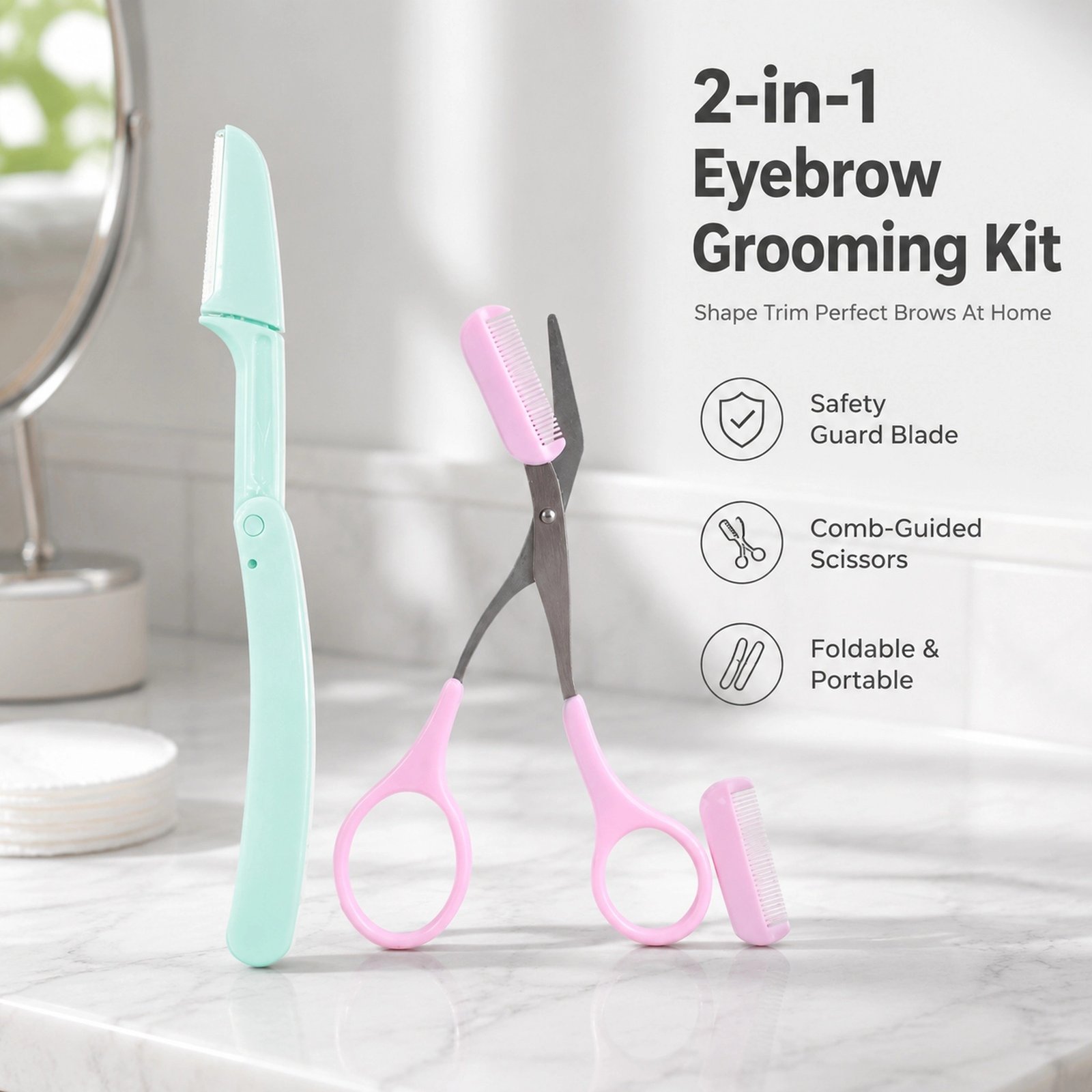 Foldable Eyebrow Razor with Eyebrow Scissors Comb Set — Safe Folding Design, Precision Blade, 2-in-1 Grooming Kit (Green)