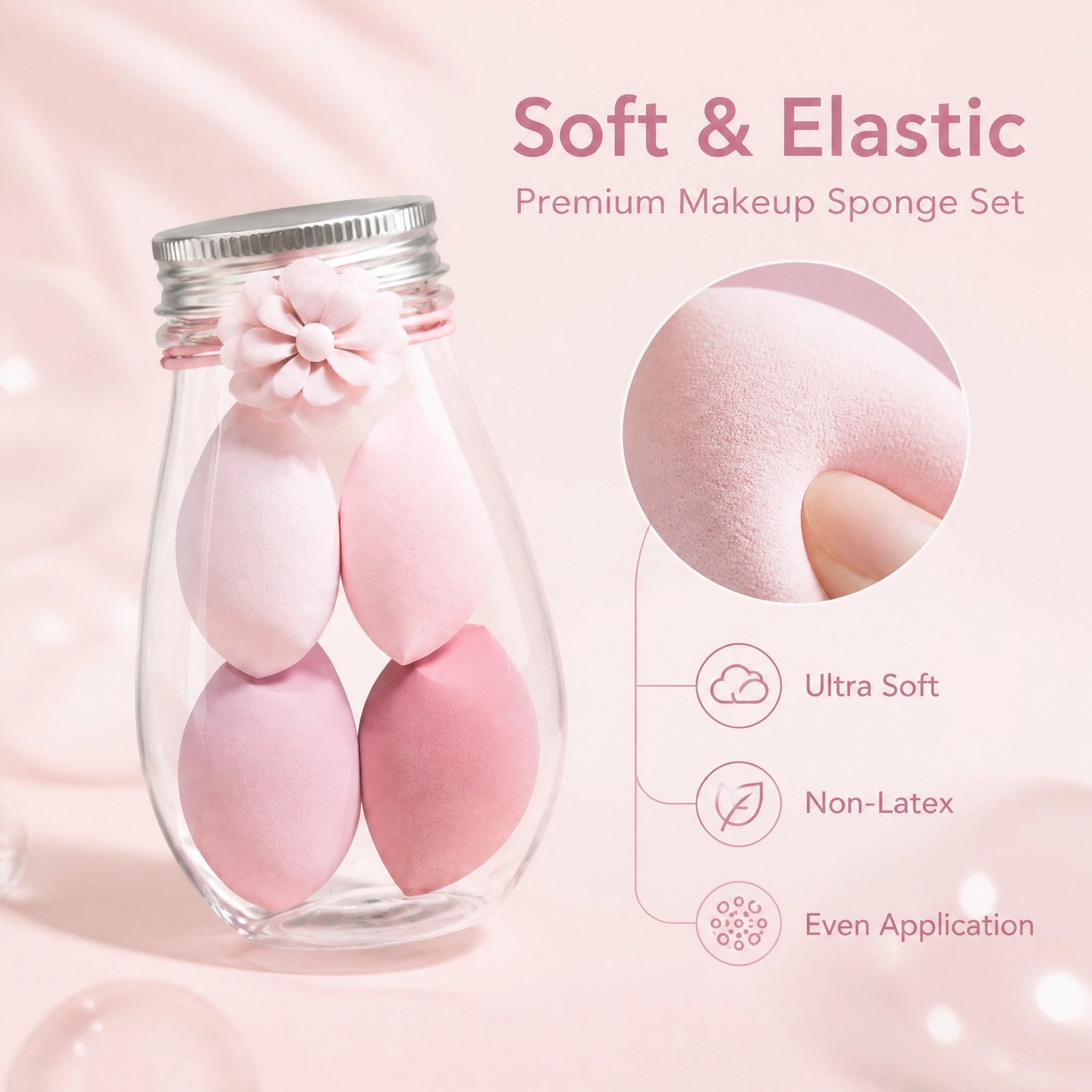 Macaron Makeup Sponge Set 4pcs with Storage Bottle — Soft & Non-Absorbent, Wet & Dry Use, Multi-Angle Design - Image 2