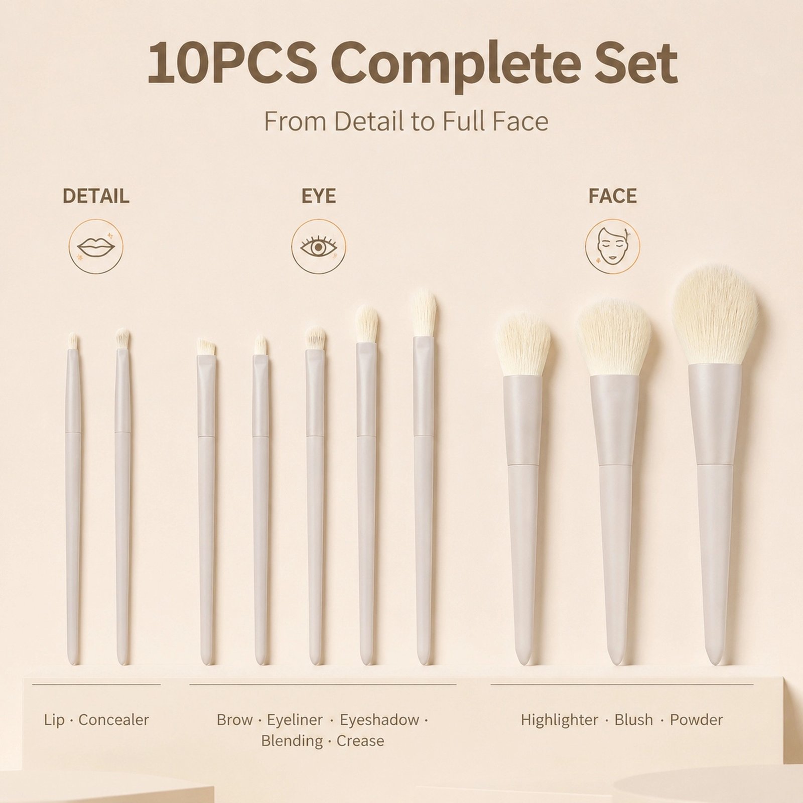 10Pcs Creamy Nude Makeup Brush Set — Ultra-Soft Bristles, Full-Face Coverage Kit (Creamy Nude) - Image 3