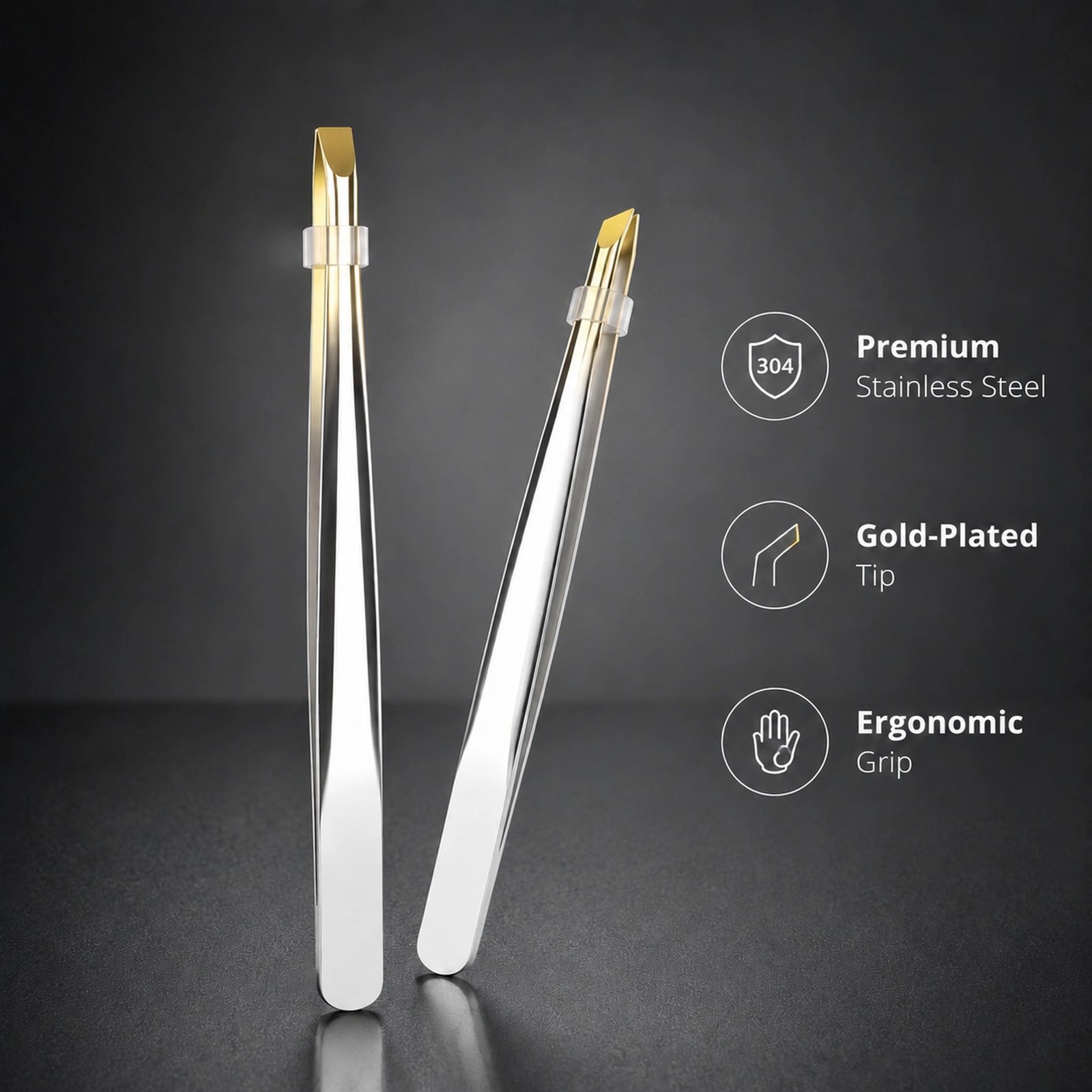 Slant Tip Tweezers Set 2pcs — Precision Stainless Steel with Gold-Tipped Grips, Durable & Rust-Resistant