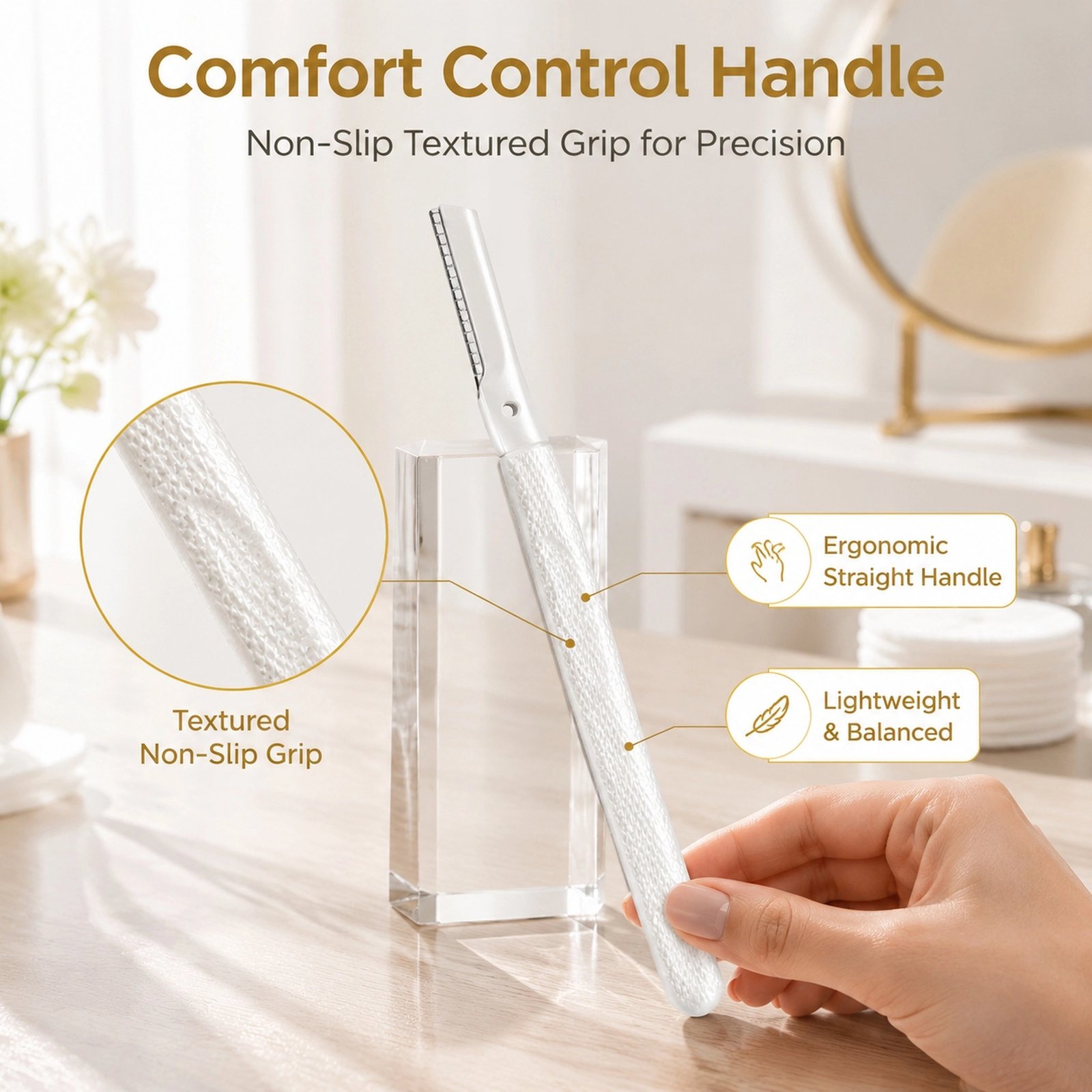 Premium Straight-Handle Eyebrow Razor — Precision Micro-Blade, Anti-Slip Texture, Gentle & Portable (White)