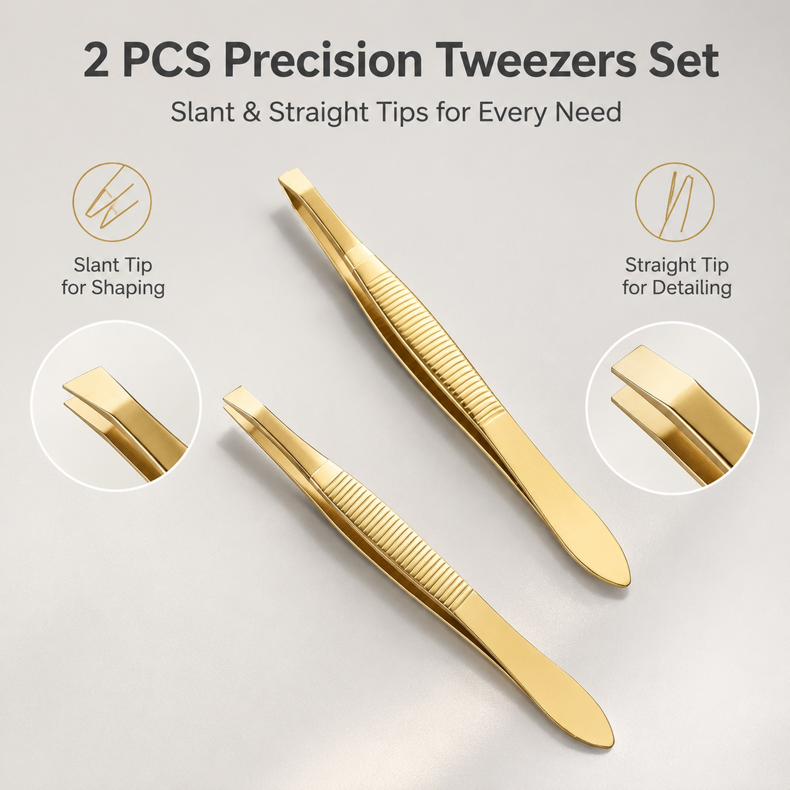 Gold Slant & Straight Tip Eyebrow Tweezers Set — Precision Dual-Tip Design, Non-Slip Grip, Stainless Steel with Gold Finish - Image 2