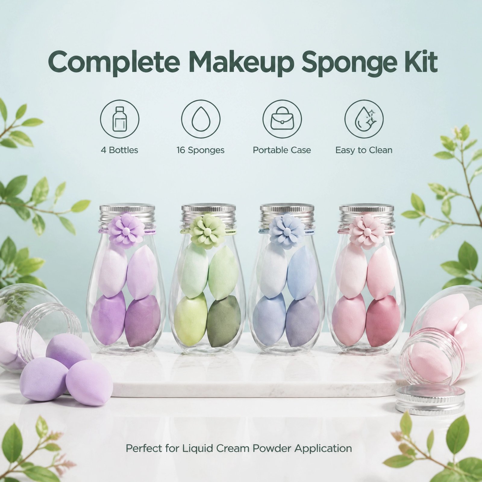 Macaron Makeup Sponge Set 4pcs with Storage Bottle — Soft & Non-Absorbent, Wet & Dry Use, Multi-Angle Design - Image 3