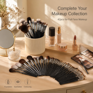 Professional Makeup Brush Set 42pcs — Full-Face Complete Kit, Black Wooden Handle with Silver Ferrule