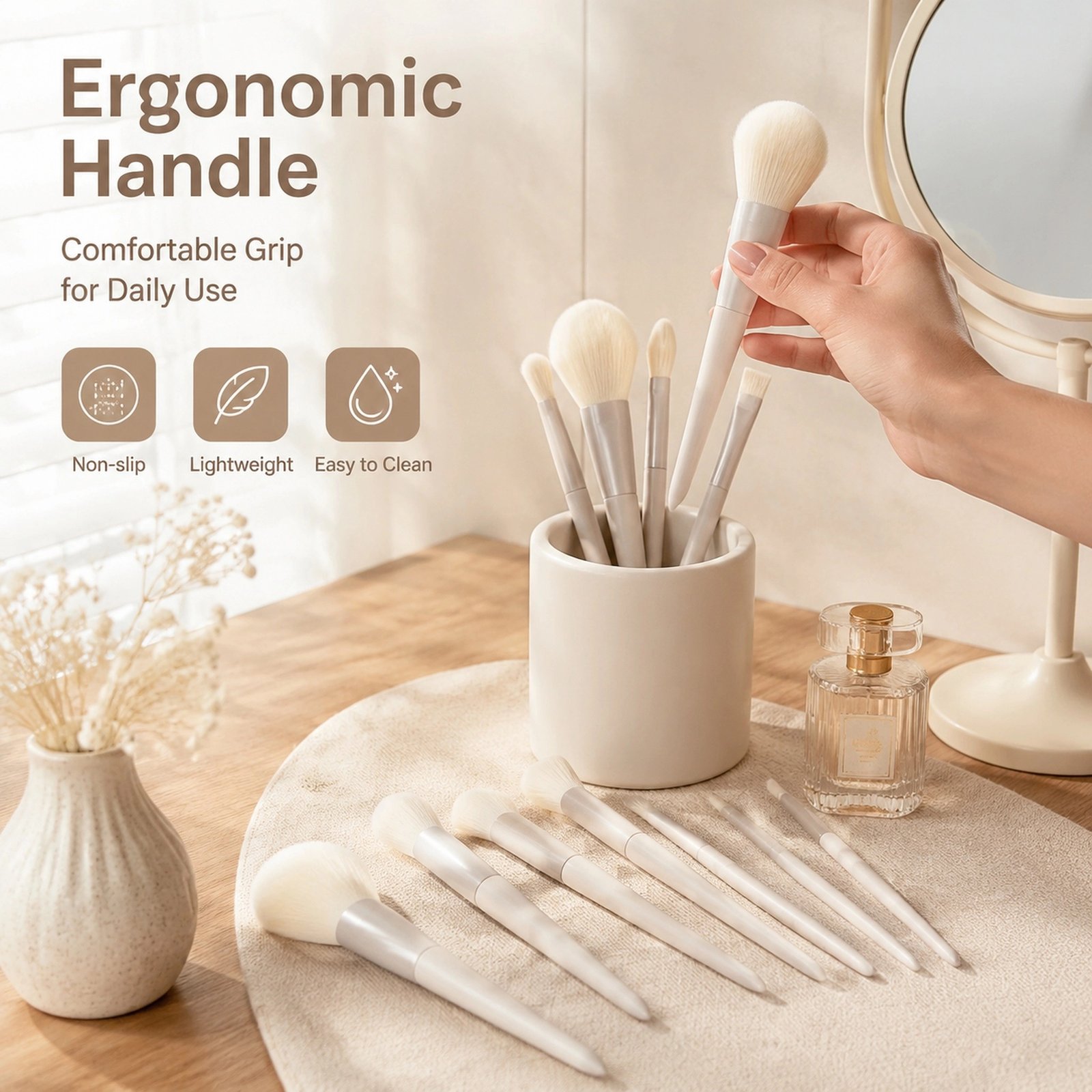 10Pcs Creamy Nude Makeup Brush Set — Ultra-Soft Bristles, Full-Face Coverage Kit (Creamy Nude)