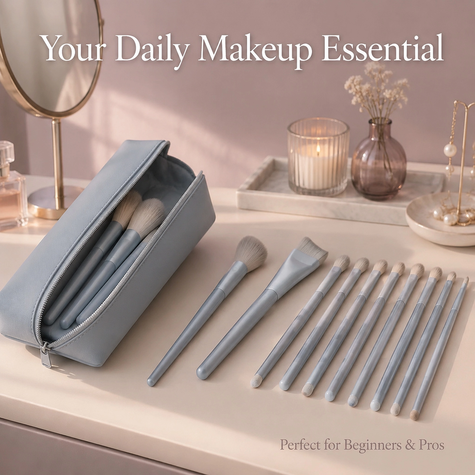 12Pcs Misty Blue Makeup Brush Set with Travel Pouch — Full-Face Kit (Misty Blue)
