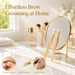 Gold Slant & Straight Tip Eyebrow Tweezers Set — Precision Dual-Tip Design, Non-Slip Grip, Stainless Steel with Gold Finish