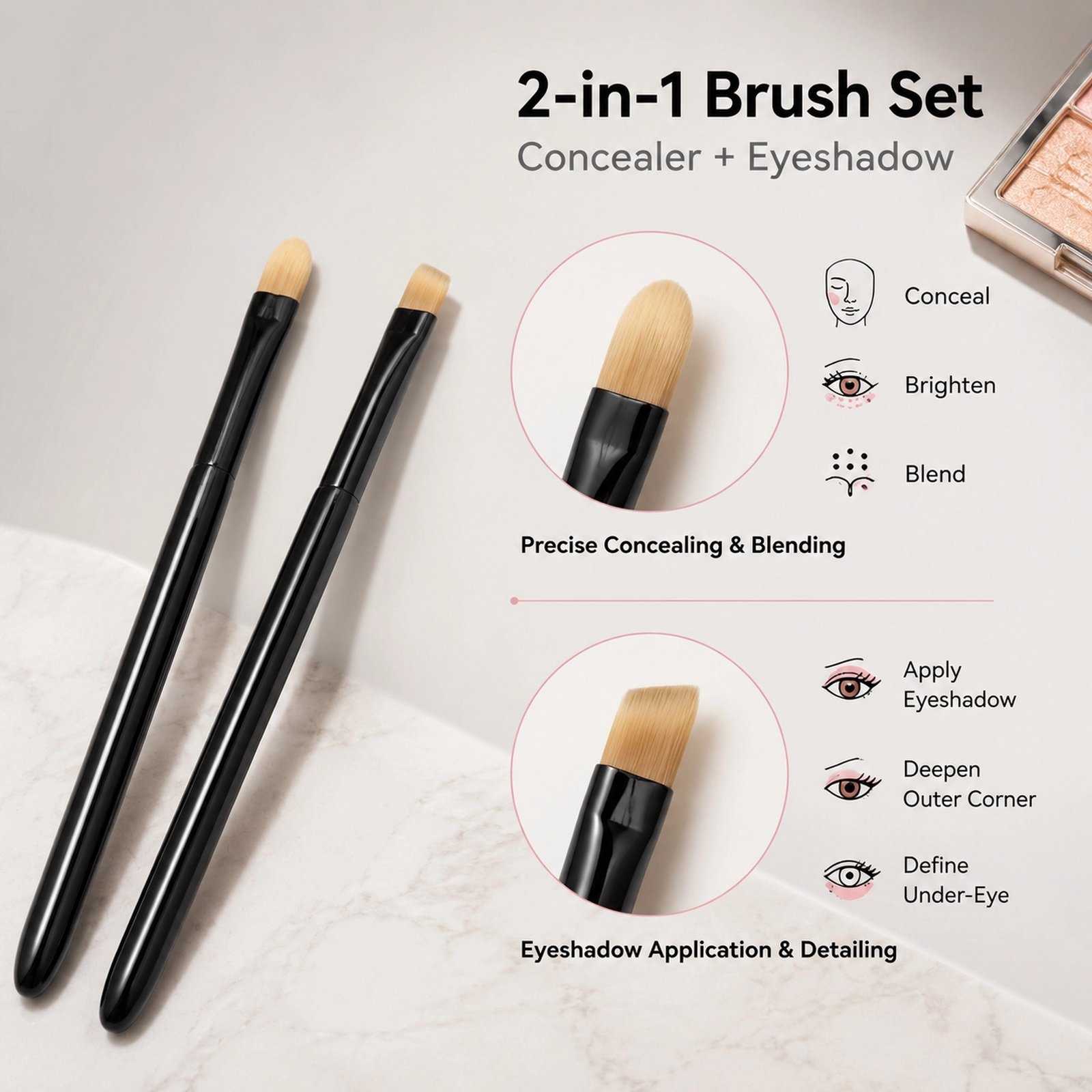 Dual-Ended Concealer & Eyeshadow Brush Set 2pcs — Round & Angled Tips, Black Lacquered Handle - Image 5