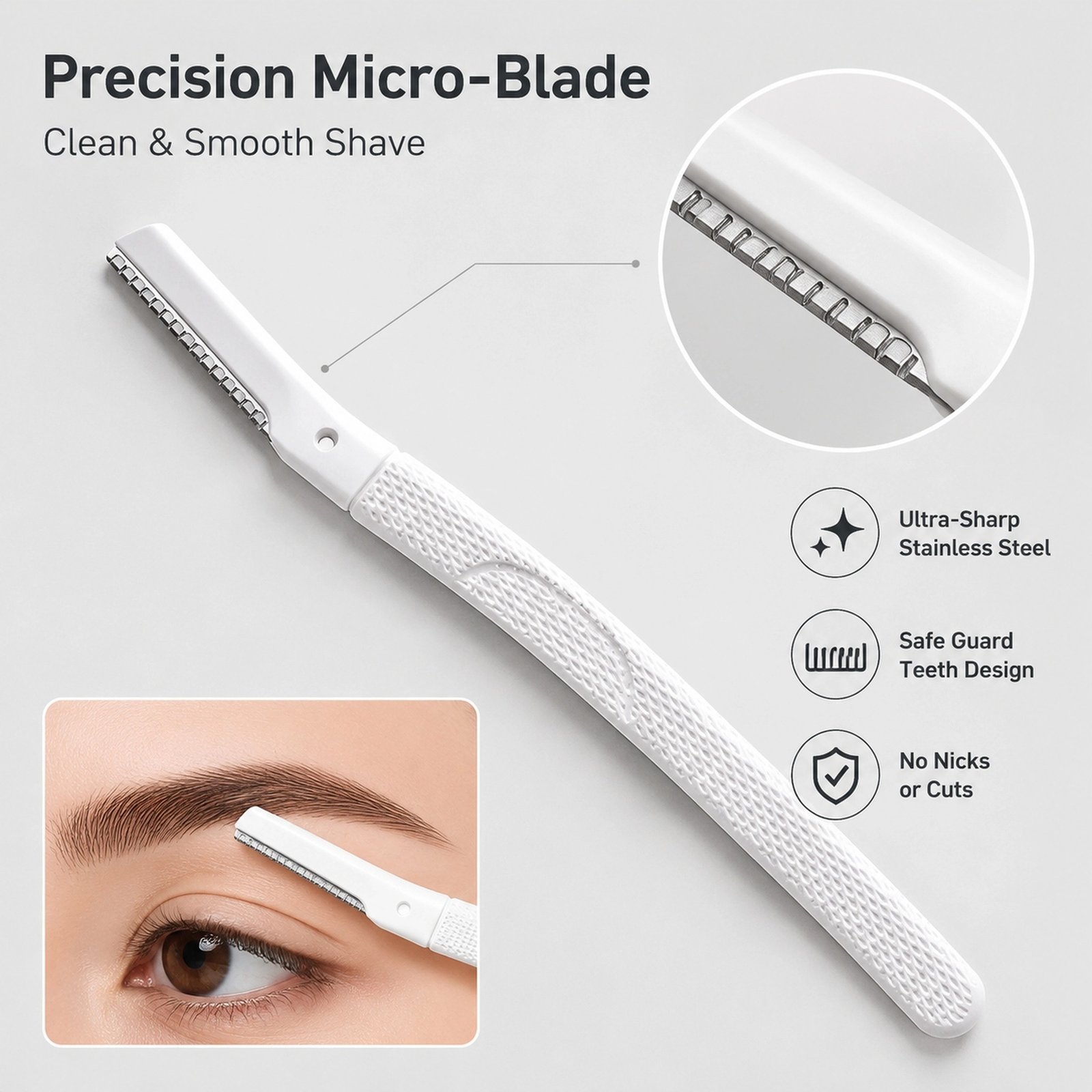 Premium Straight-Handle Eyebrow Razor — Precision Micro-Blade, Anti-Slip Texture, Gentle & Portable (White) - Image 4