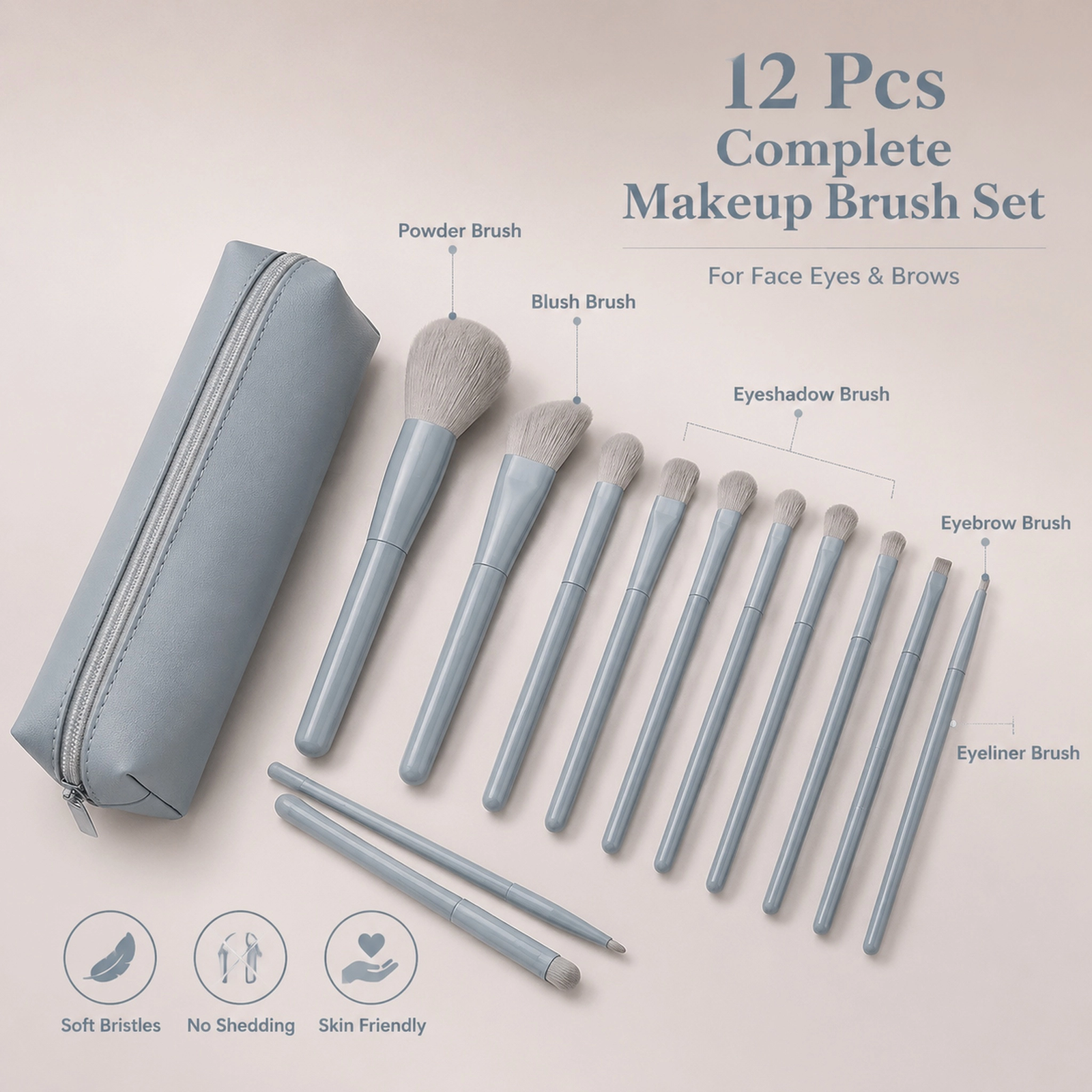 12Pcs Misty Blue Makeup Brush Set with Travel Pouch — Full-Face Kit (Misty Blue) - Image 6
