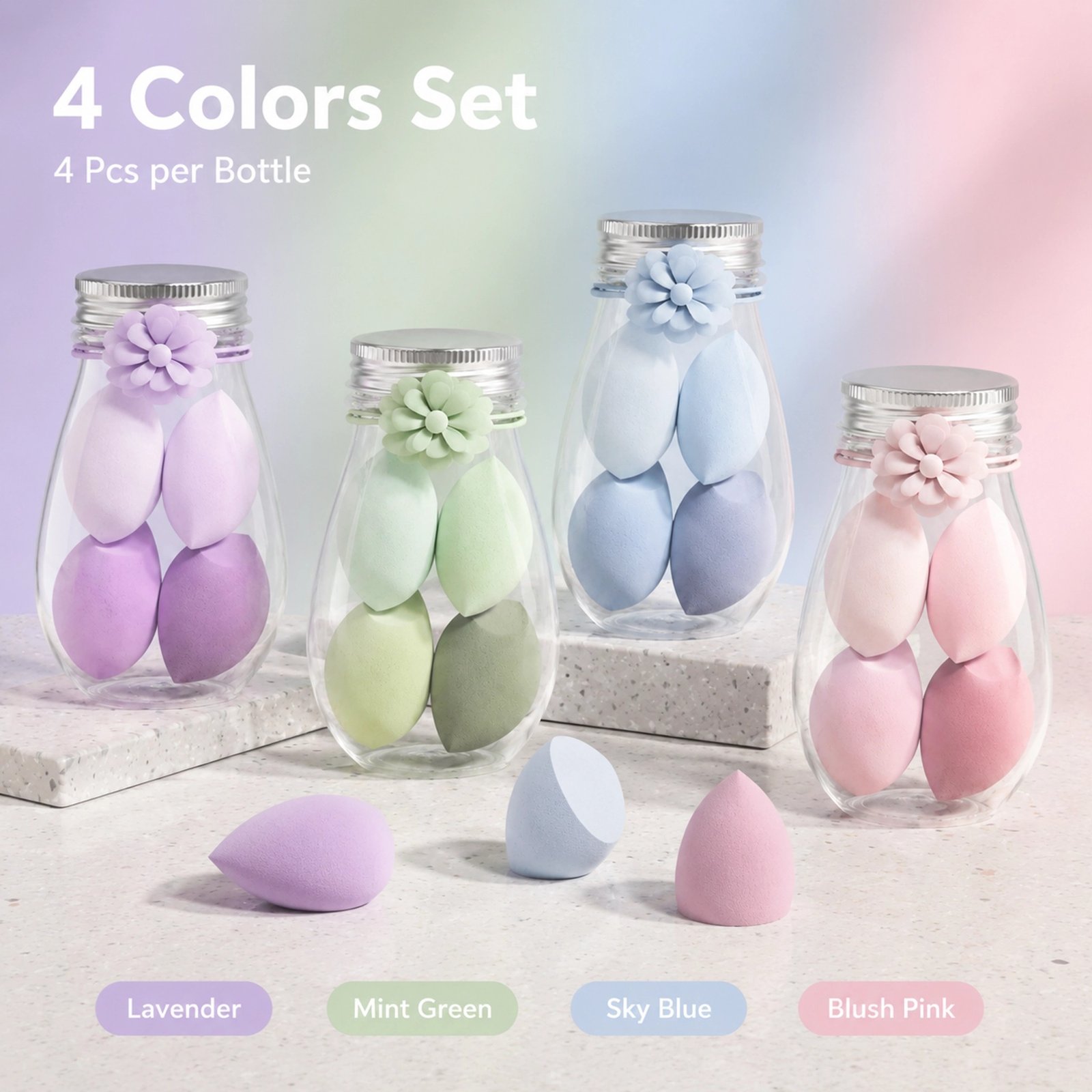 Macaron Makeup Sponge Set 4pcs with Storage Bottle — Soft & Non-Absorbent, Wet & Dry Use, Multi-Angle Design