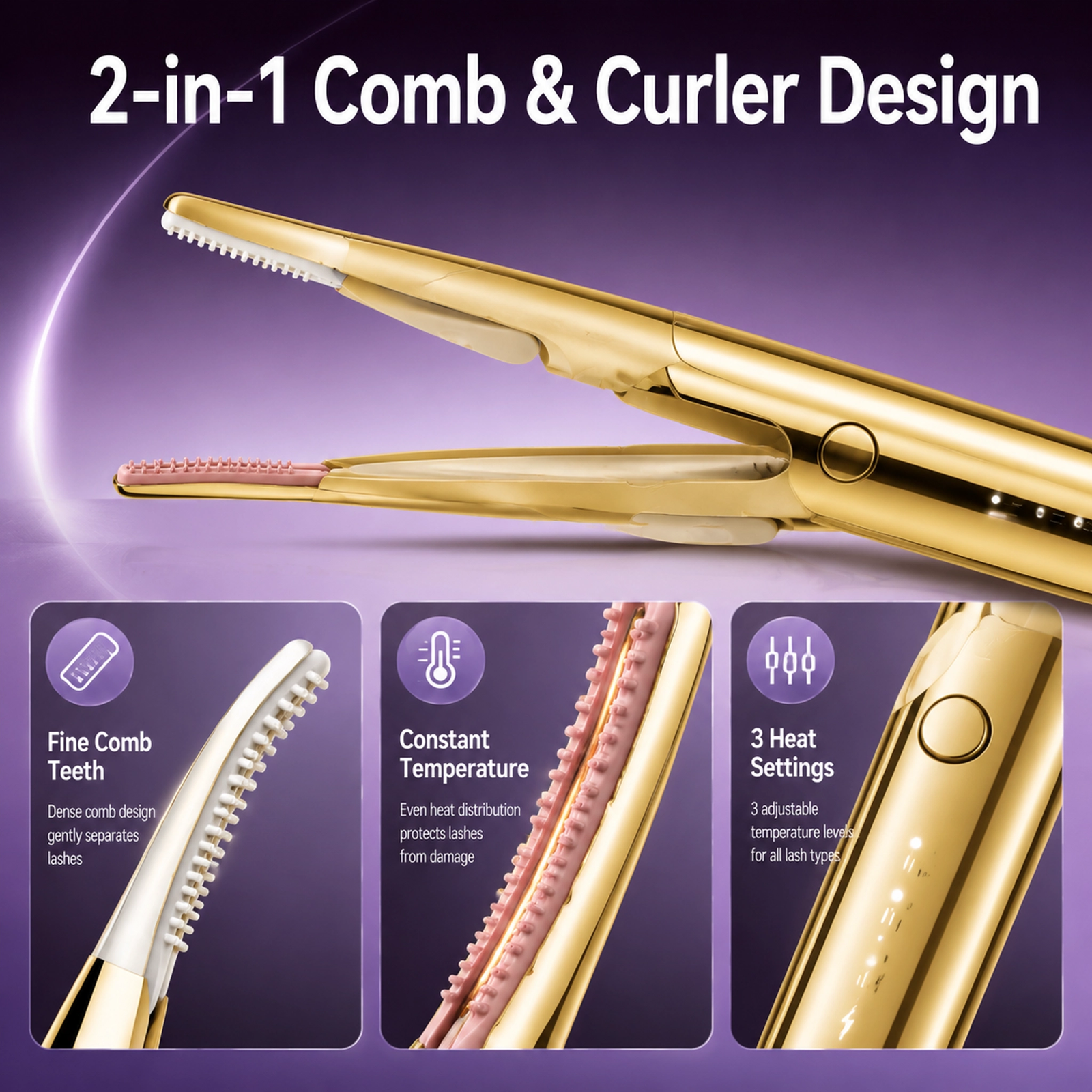 Portable Gold-Plated Electric Eyelash Curler — 10-Second Quick Heat, Comb-Integrated Design, Long-Lasting Curl