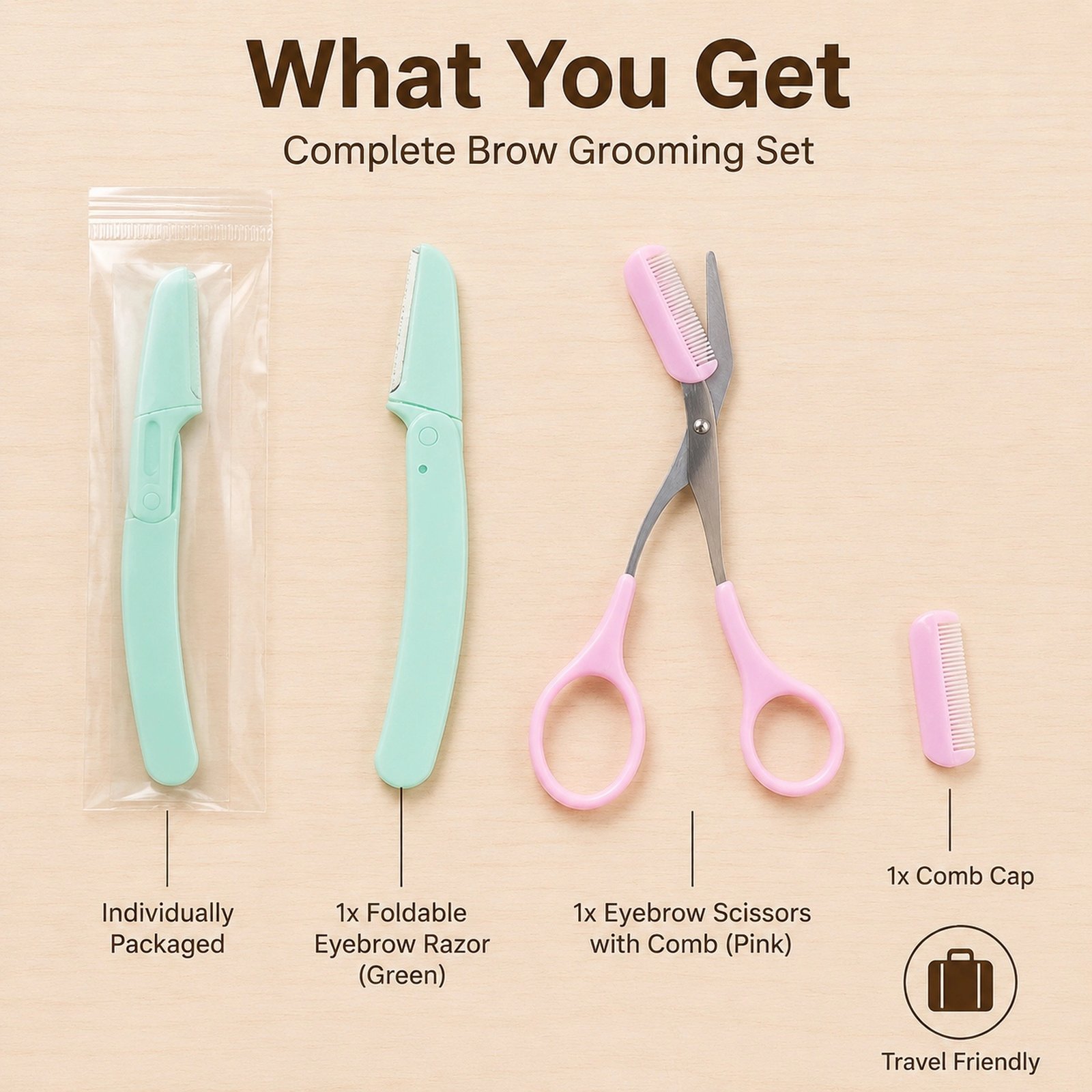 Foldable Eyebrow Razor with Eyebrow Scissors Comb Set — Safe Folding Design, Precision Blade, 2-in-1 Grooming Kit (Green) - Image 6
