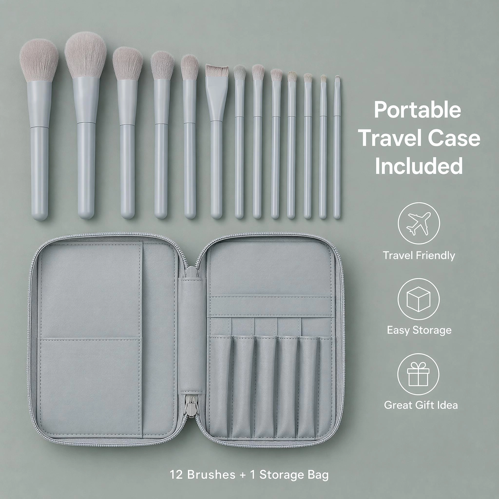 12Pcs Misty Blue Makeup Brush Set with Travel Pouch — Full-Face Kit (Misty Blue) - Image 2