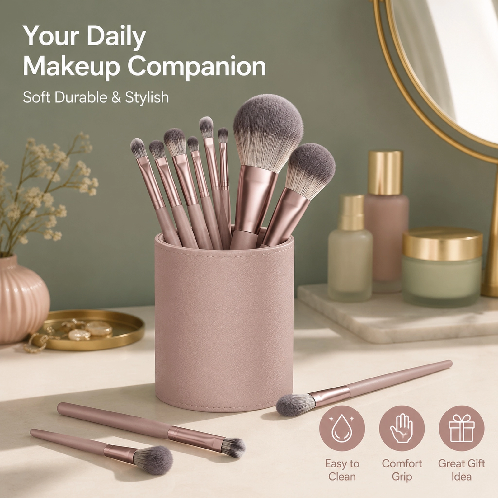 10Pcs Professional Makeup Brush Set — Ultra-Soft Dense Bristles (Grey-Pink / Black)