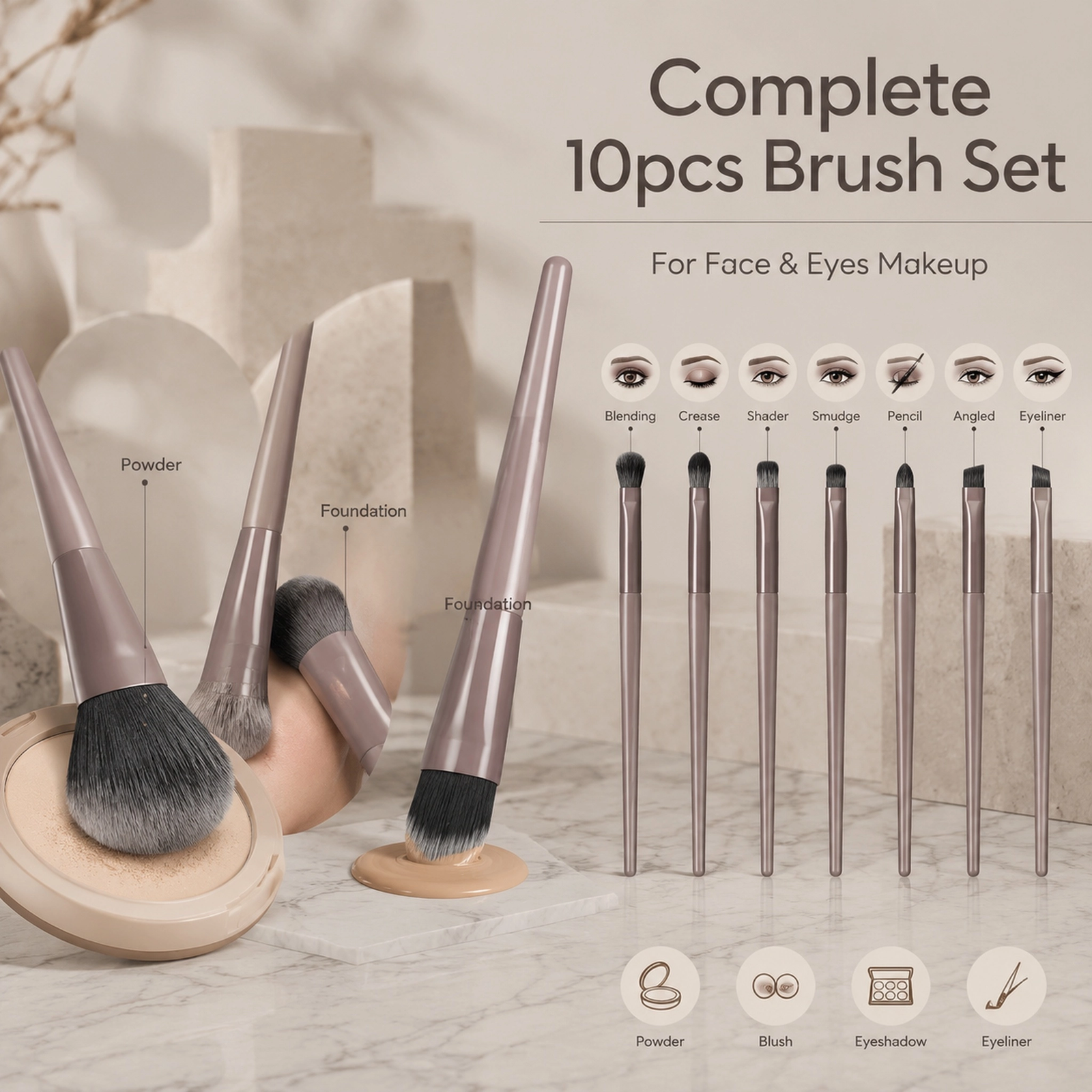 10Pcs Professional Makeup Brush Set — Ultra-Soft Dense Bristles (Grey-Pink / Black) - Image 6