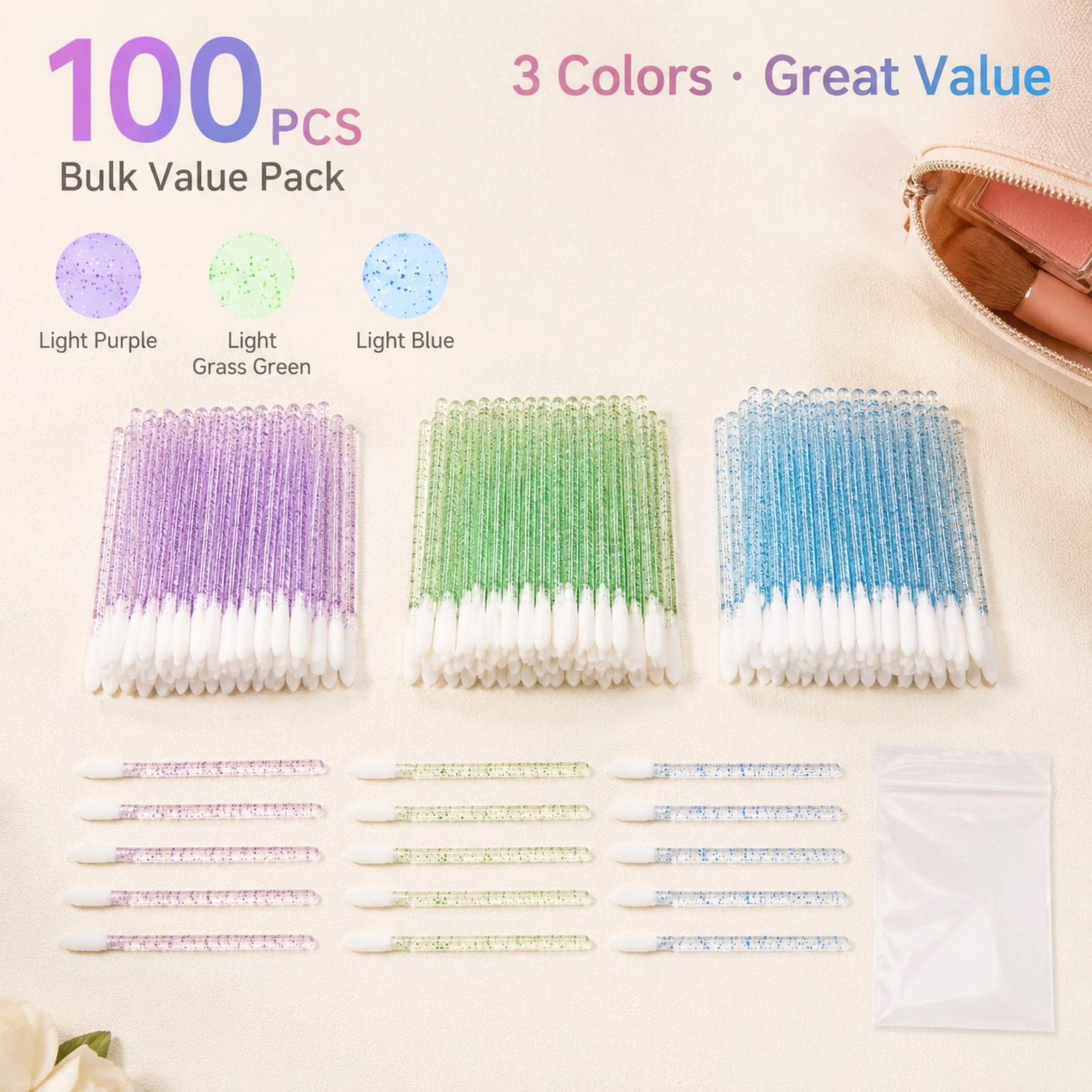 Disposable Lip Brush Applicators — Soft Hygienic Brush Head, Glitter Handle, Multi-Use (3 Colors)