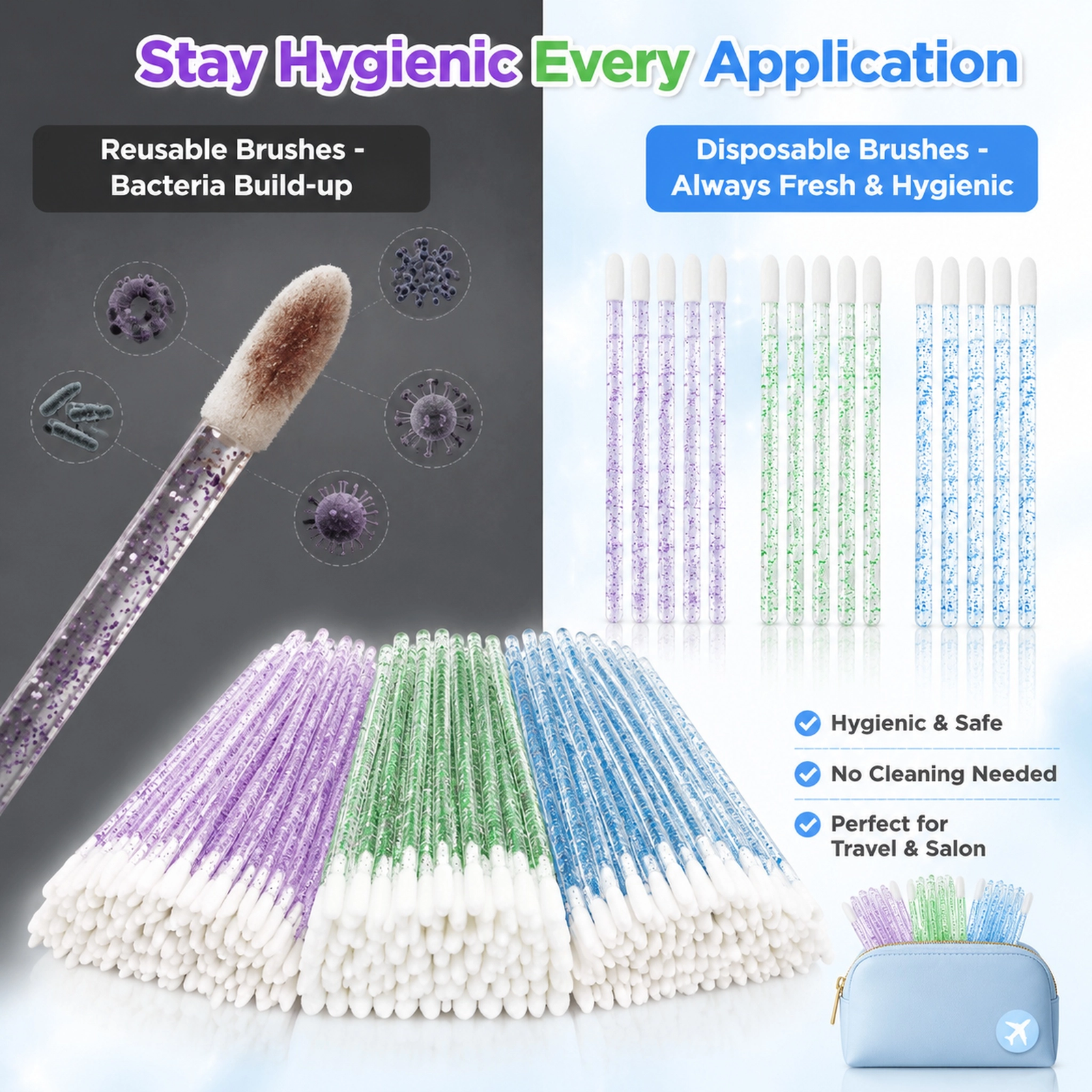Disposable Lip Brush Applicators — Soft Hygienic Brush Head, Glitter Handle, Multi-Use (3 Colors) - Image 2