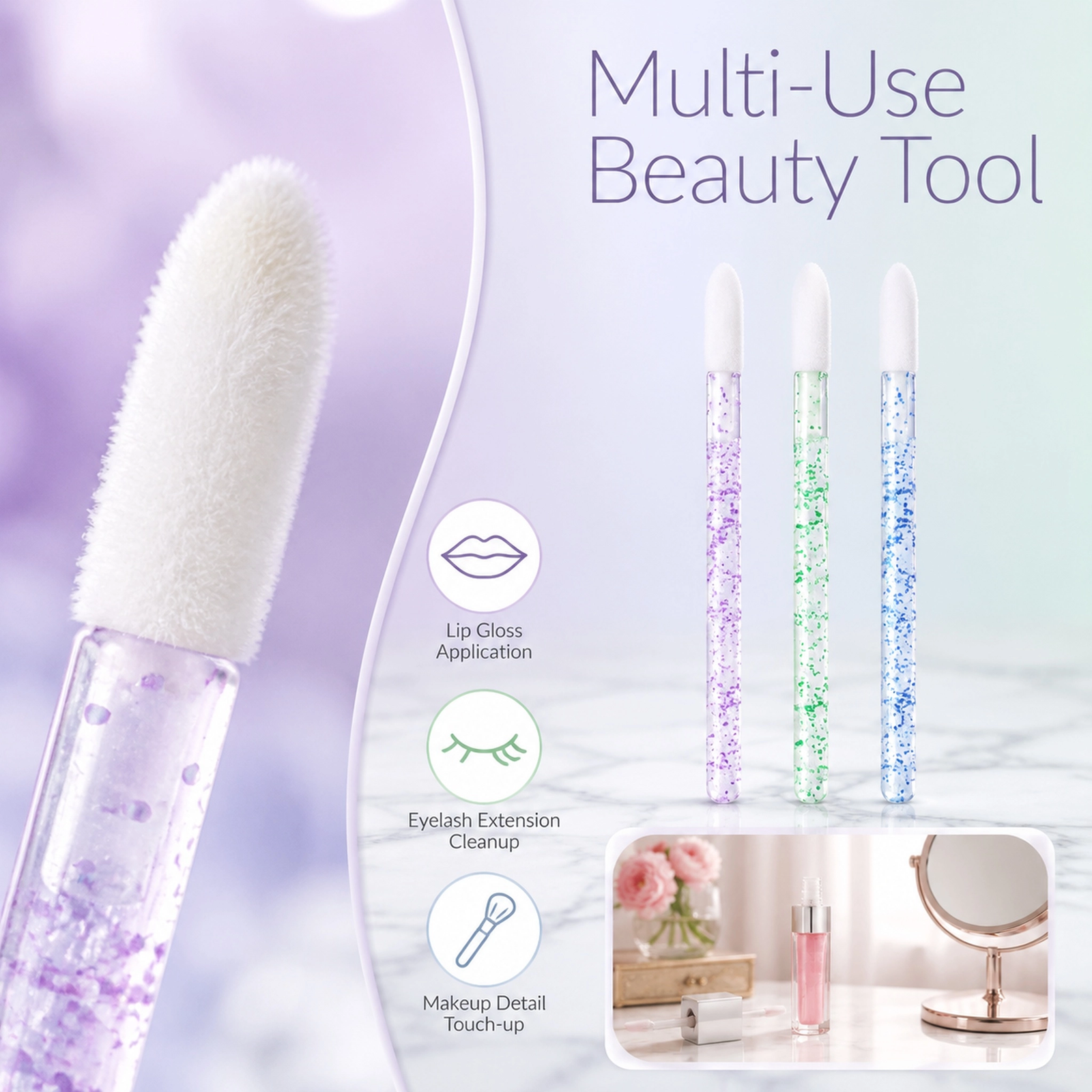Disposable Lip Brush Applicators — Soft Hygienic Brush Head, Glitter Handle, Multi-Use (3 Colors) - Image 3