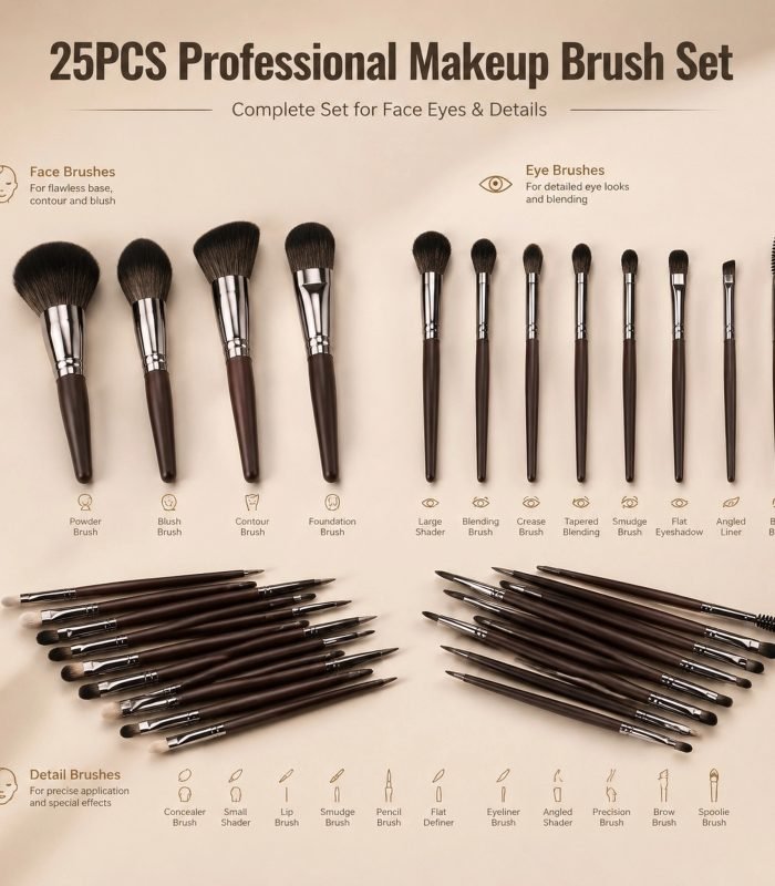 25Pcs Professional Makeup Brush Set — Wooden Handle with Gunmetal Ferrule, Full-Face Professional Kit (Dark Brown / Gunmetal)