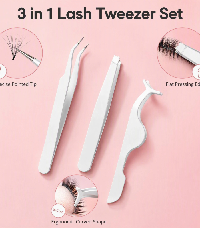 White Slant Tip Lash Applicator Set 3pcs — Precision Grip, Non-Slip, Beginner-Friendly, Curved for Eye Shape