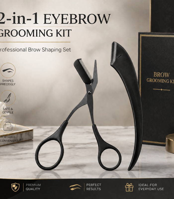 Black Safety Micro-Guard Eyebrow Grooming Set — Stainless Steel Razor & Scissors with Comb, Beginner-Friendly