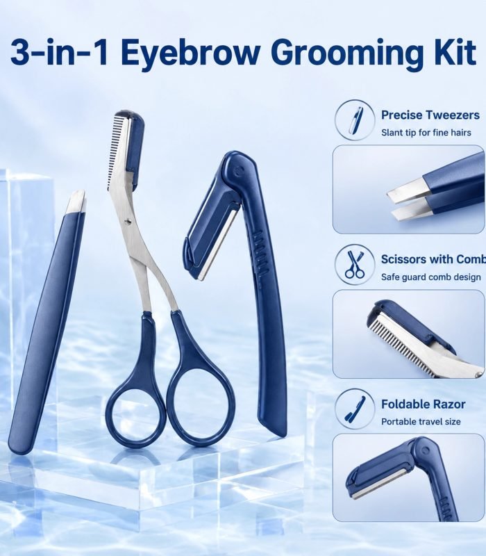 Blue Stainless Steel Eyebrow Grooming Set 3pcs — Razor, Scissors with Comb & Precision Tweezer, Foldable Design (Blue)