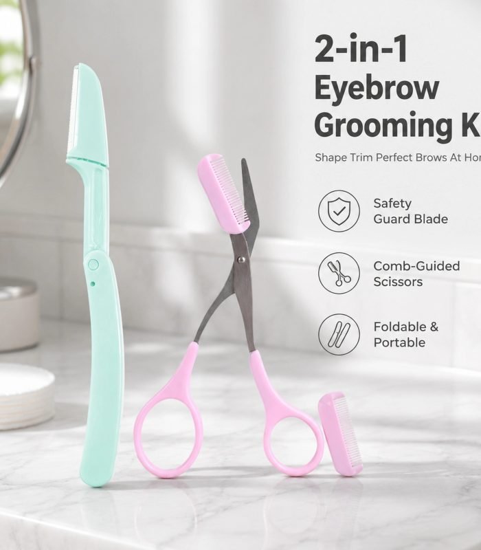 Foldable Eyebrow Razor with Eyebrow Scissors Comb Set — Safe Folding Design, Precision Blade, 2-in-1 Grooming Kit (Green)