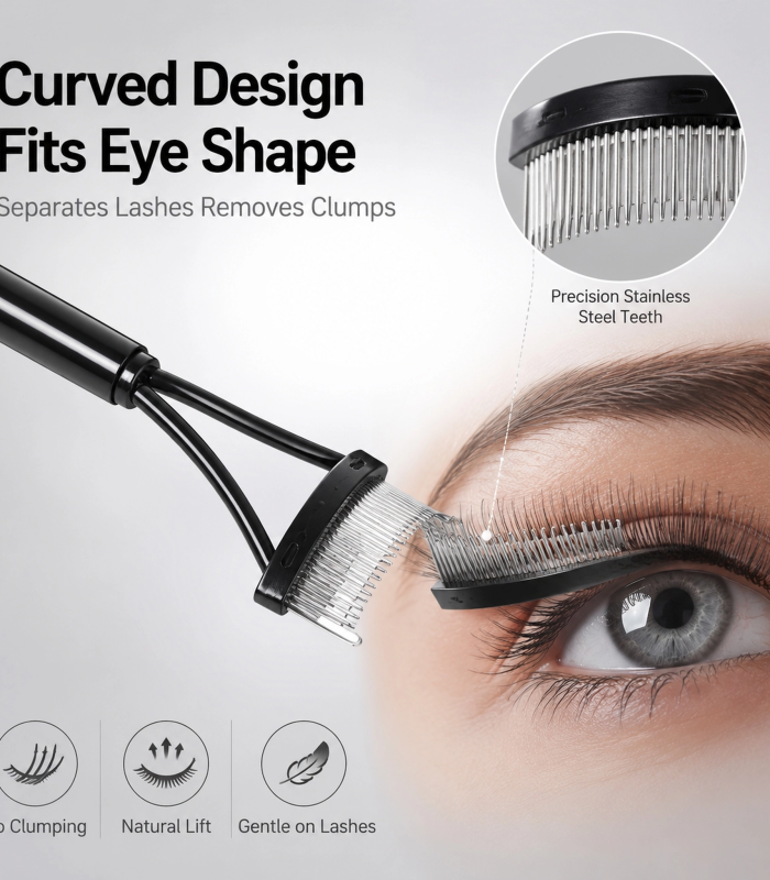 Eyelash Comb Separator — Precision Stainless Steel Teeth, Curved Eye-Shape Design (Silver)