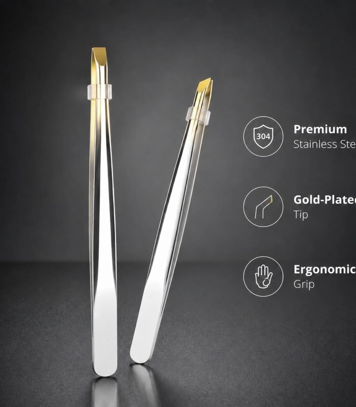 Slant Tip Tweezers Set 2pcs — Precision Stainless Steel with Gold-Tipped Grips, Durable & Rust-Resistant