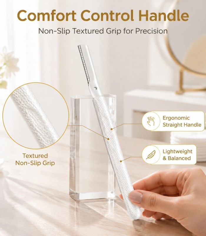 Premium Straight-Handle Eyebrow Razor — Precision Micro-Blade, Anti-Slip Texture, Gentle & Portable (White)