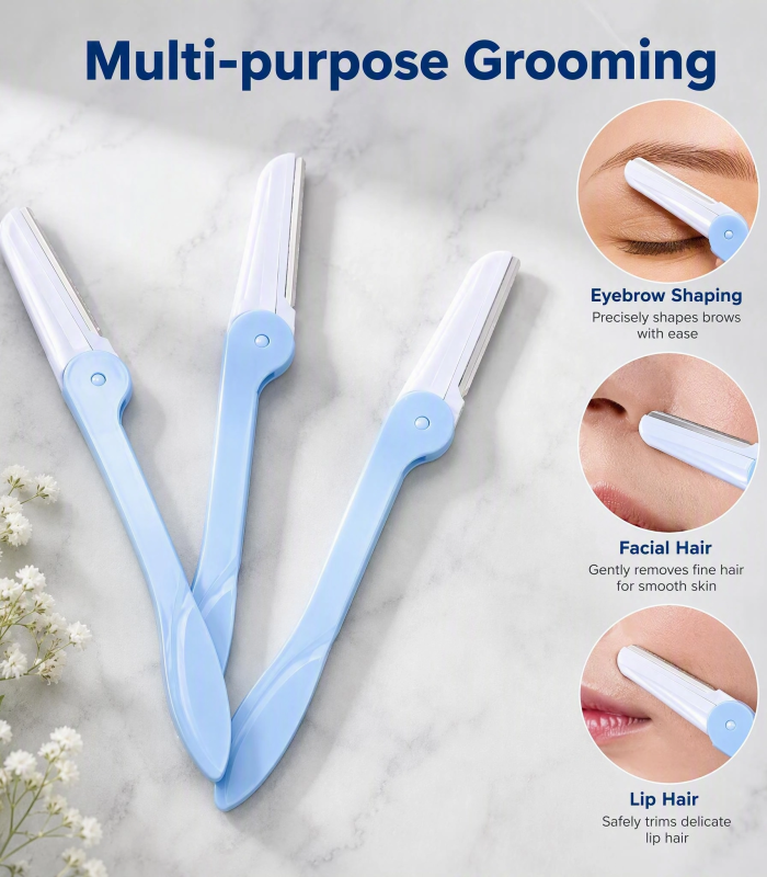 Blue Foldable Eyebrow Razor Set 3pcs — Stainless Steel Safety Blade, Compact & Travel-Friendly