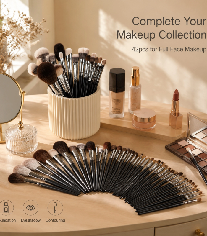 Professional Makeup Brush Set 42pcs — Full-Face Complete Kit, Black Wooden Handle with Silver Ferrule