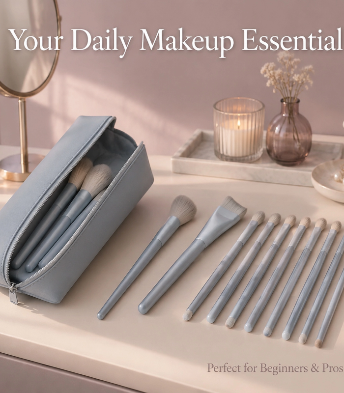 12Pcs Misty Blue Makeup Brush Set with Travel Pouch — Full-Face Kit (Misty Blue)