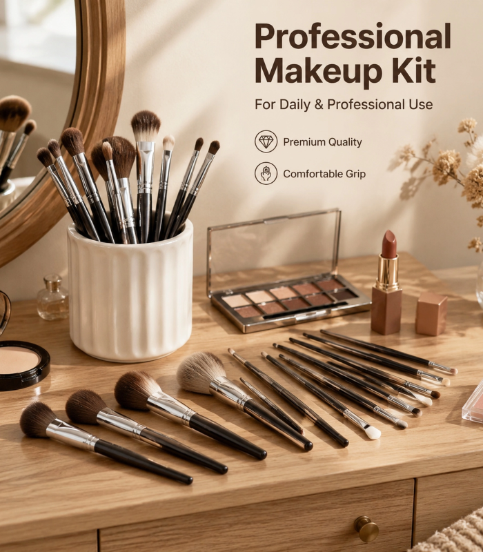Professional Makeup Brush Set 25pcs — Full-Face Coverage Kit, Soft Bristles, Black Lacquered Handle with Silver Ferrule