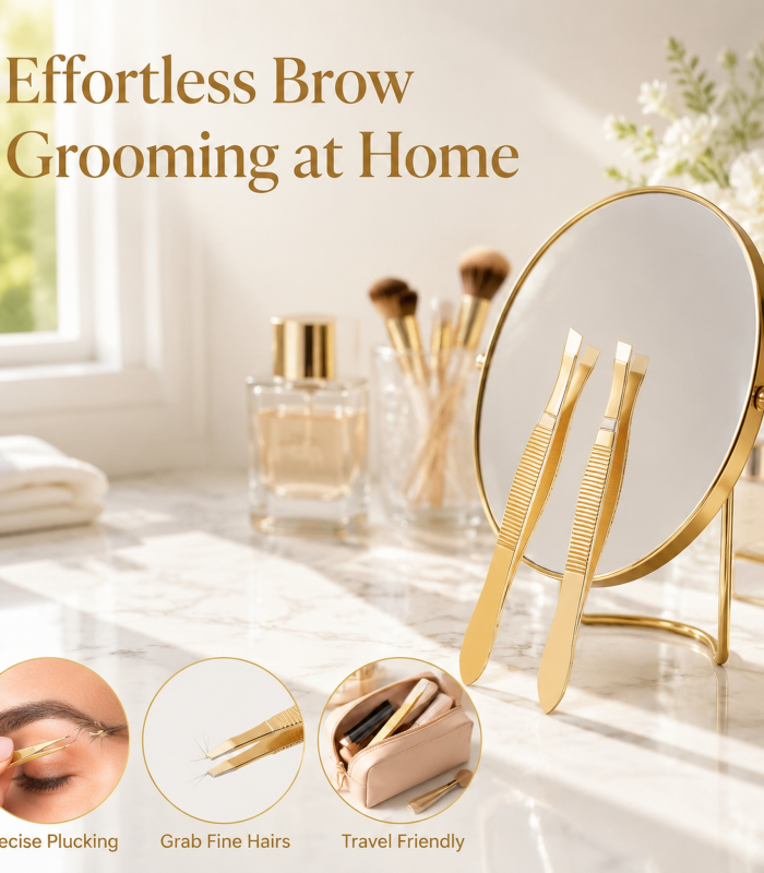 Gold Slant & Straight Tip Eyebrow Tweezers Set — Precision Dual-Tip Design, Non-Slip Grip, Stainless Steel with Gold Finish