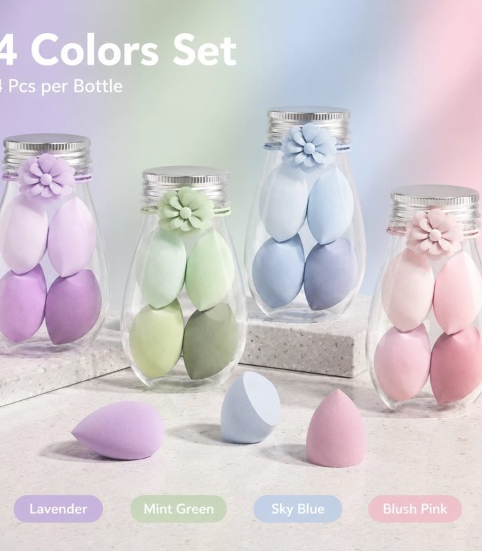 Macaron Makeup Sponge Set 4pcs with Storage Bottle — Soft & Non-Absorbent, Wet & Dry Use, Multi-Angle Design