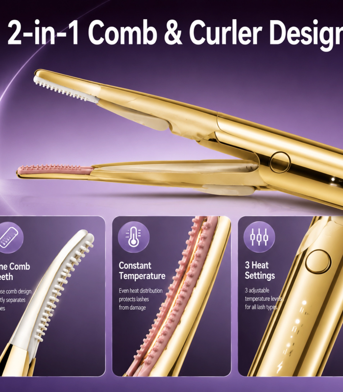 Portable Gold-Plated Electric Eyelash Curler — 10-Second Quick Heat, Comb-Integrated Design, Long-Lasting Curl