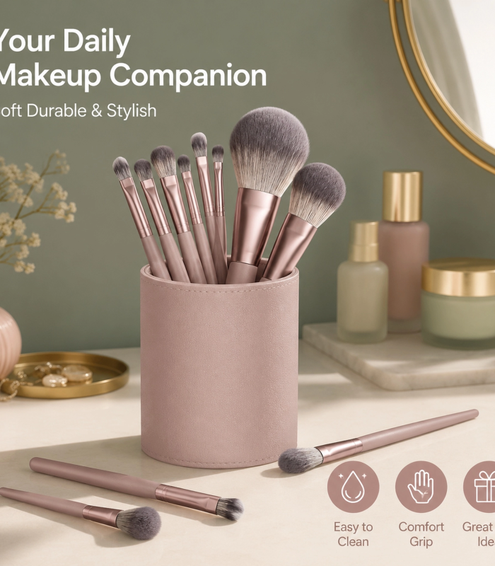 10Pcs Professional Makeup Brush Set — Ultra-Soft Dense Bristles (Grey-Pink / Black)